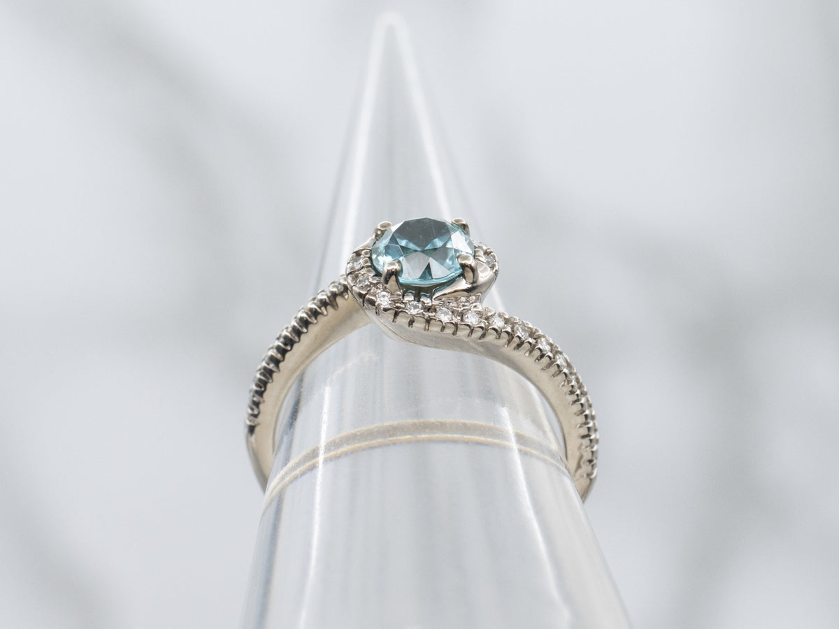 White Gold Blue Zircon and Diamond Bypass Ring