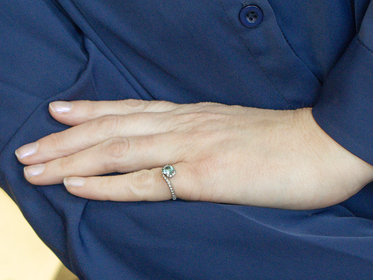 White Gold Blue Zircon and Diamond Bypass Ring
