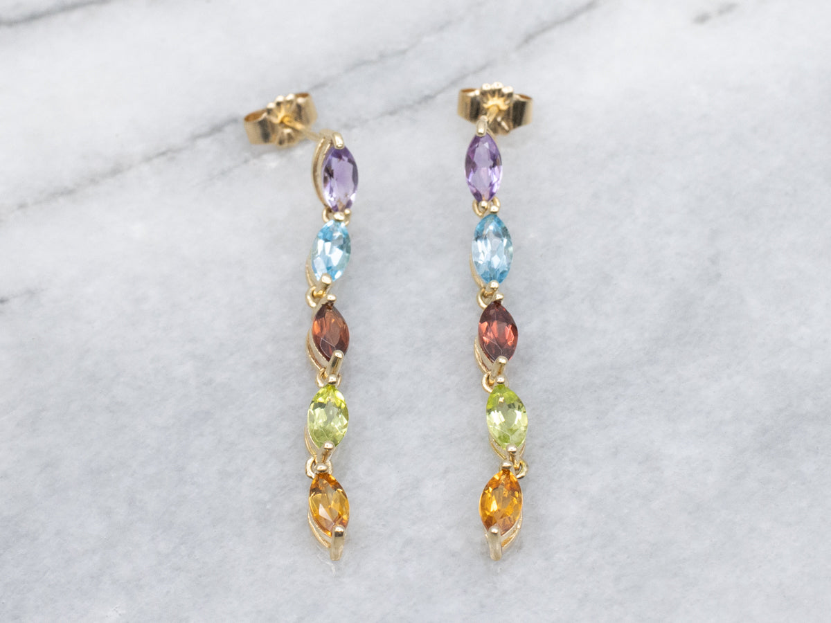 Marquise-Cut Rainbow Multi-Gem Gold Dangle Drop Earrings