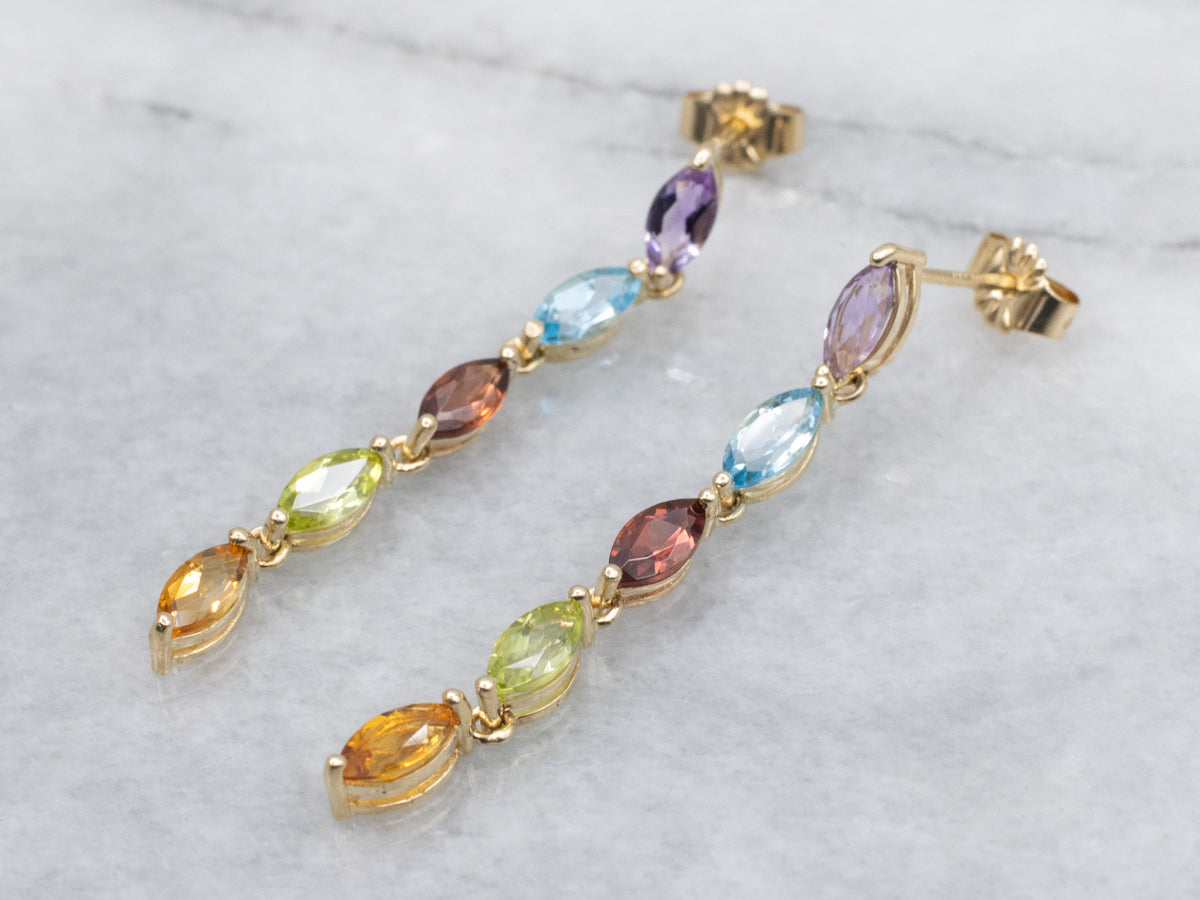 Marquise-Cut Rainbow Multi-Gem Gold Dangle Drop Earrings