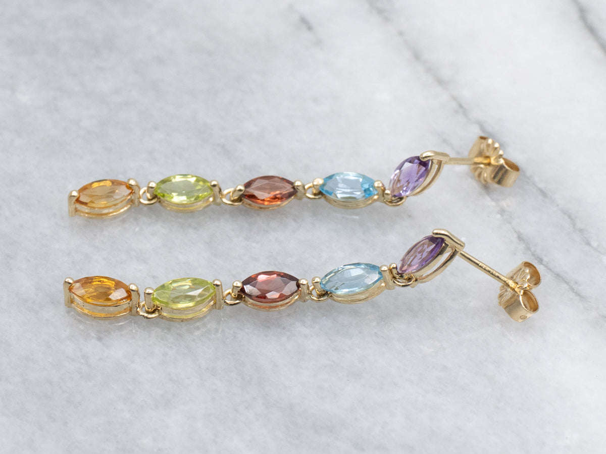 Marquise-Cut Rainbow Multi-Gem Gold Dangle Drop Earrings