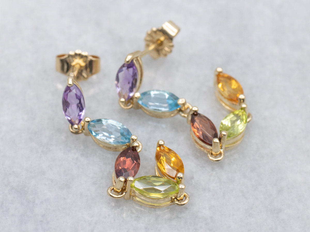 Marquise-Cut Rainbow Multi-Gem Gold Dangle Drop Earrings