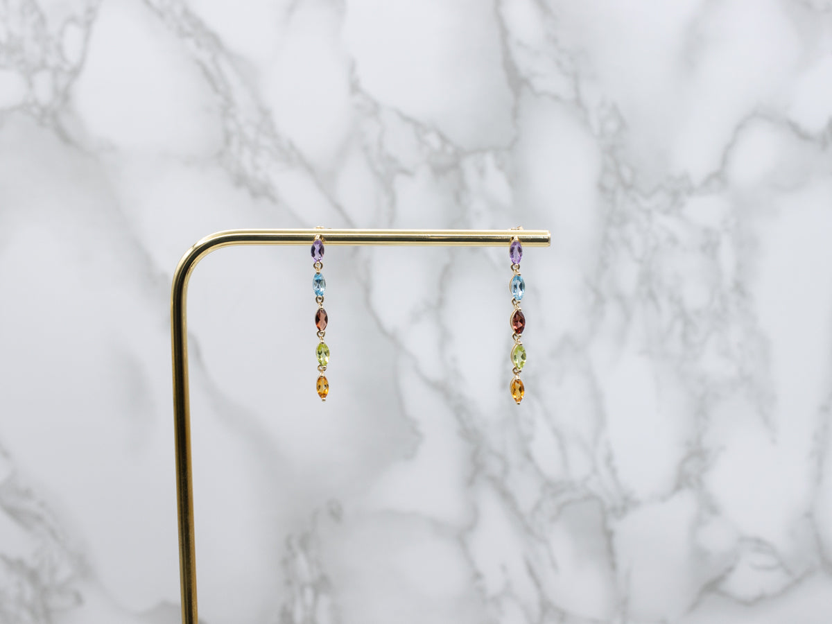 Marquise-Cut Rainbow Multi-Gem Gold Dangle Drop Earrings