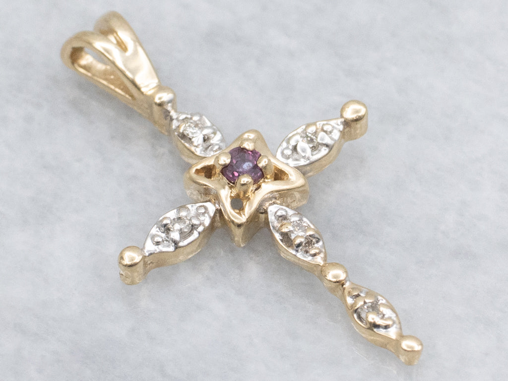 Gold Ruby and Diamond Gemstone Cross Pendant