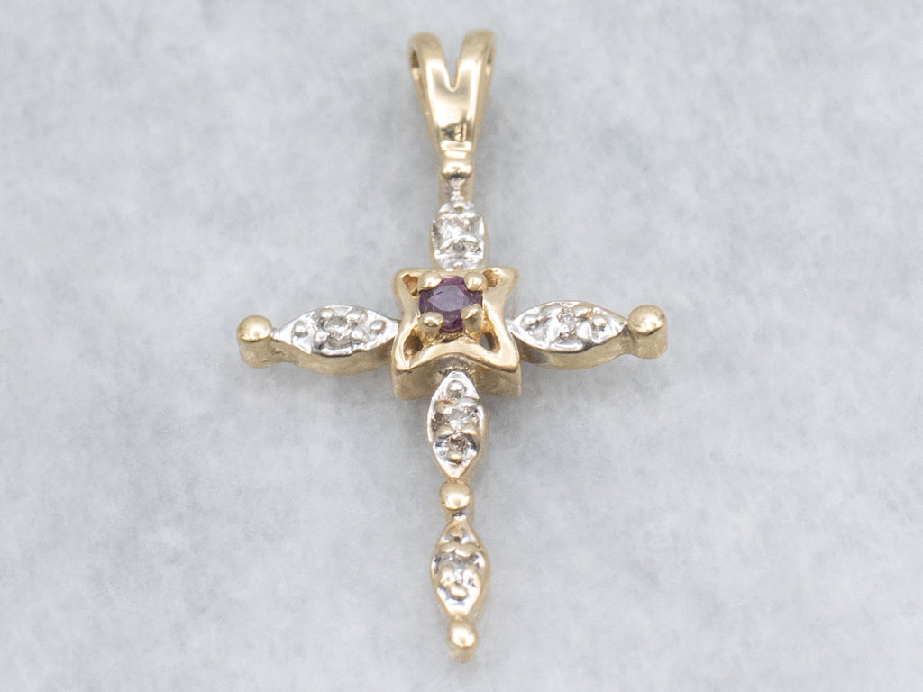 Gold Ruby and Diamond Gemstone Cross Pendant