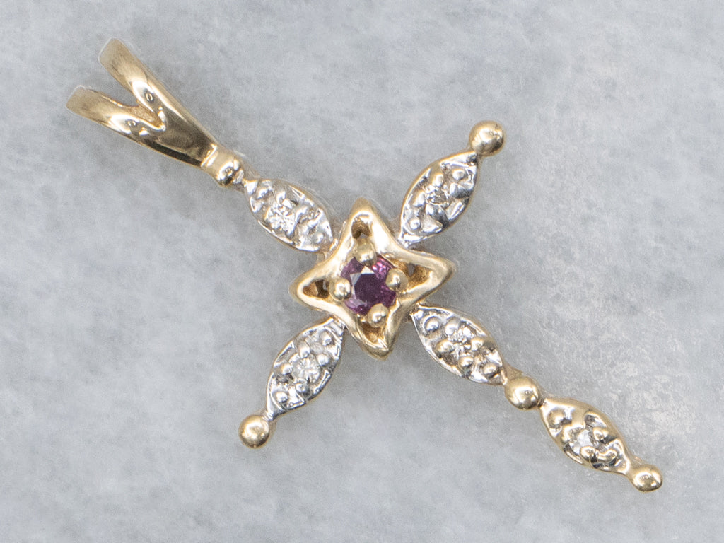 Gold Ruby and Diamond Gemstone Cross Pendant
