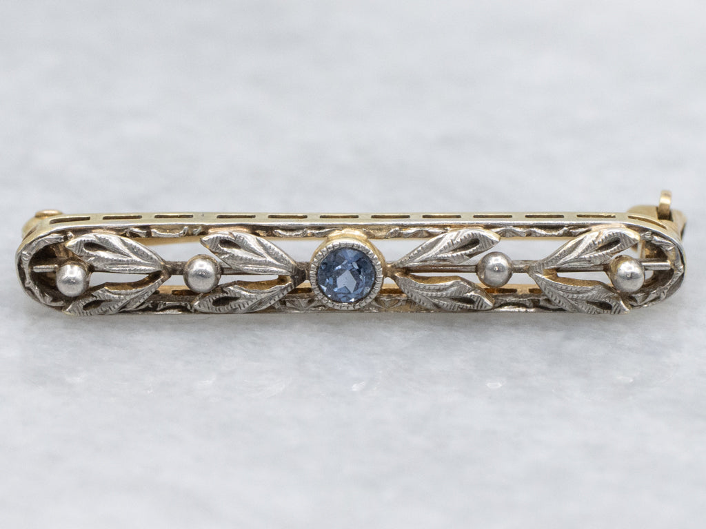 Antique Sapphire and Seed Pearls Gold Floral Bar Pin