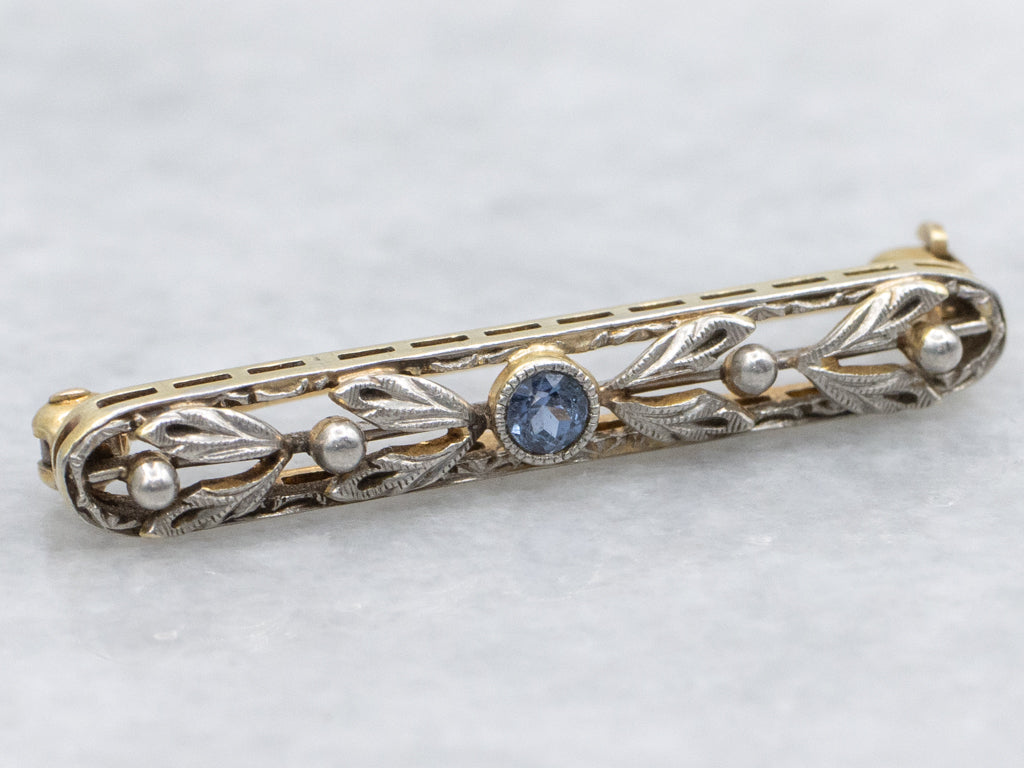 Antique Sapphire and Seed Pearls Gold Floral Bar Pin