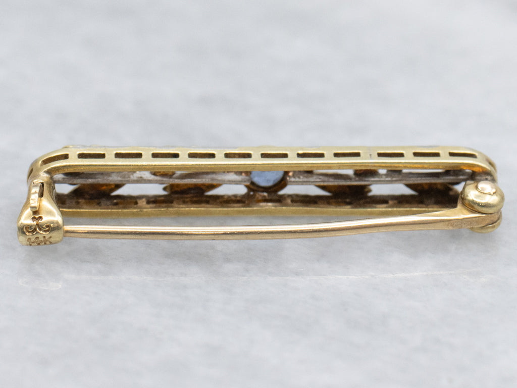 Antique Sapphire and Seed Pearls Gold Floral Bar Pin