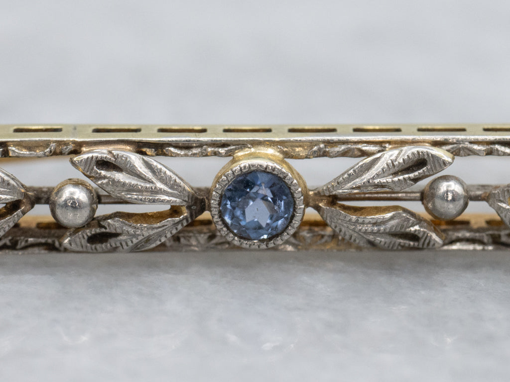 Antique Sapphire and Seed Pearls Gold Floral Bar Pin