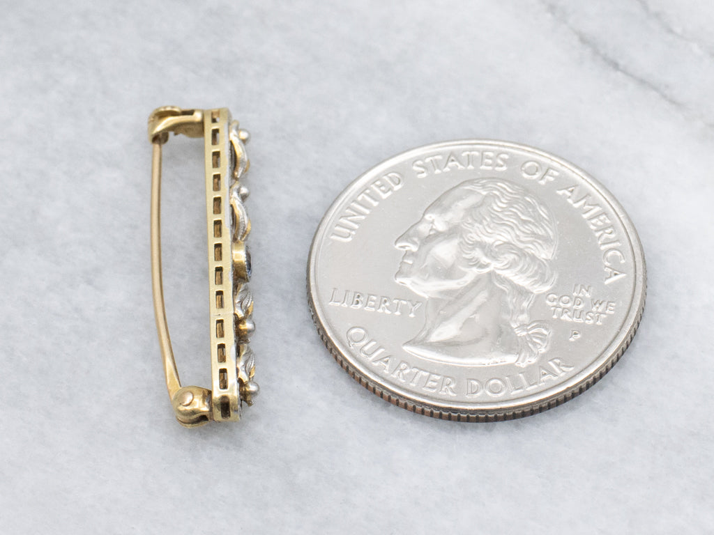 Antique Sapphire and Seed Pearls Gold Floral Bar Pin