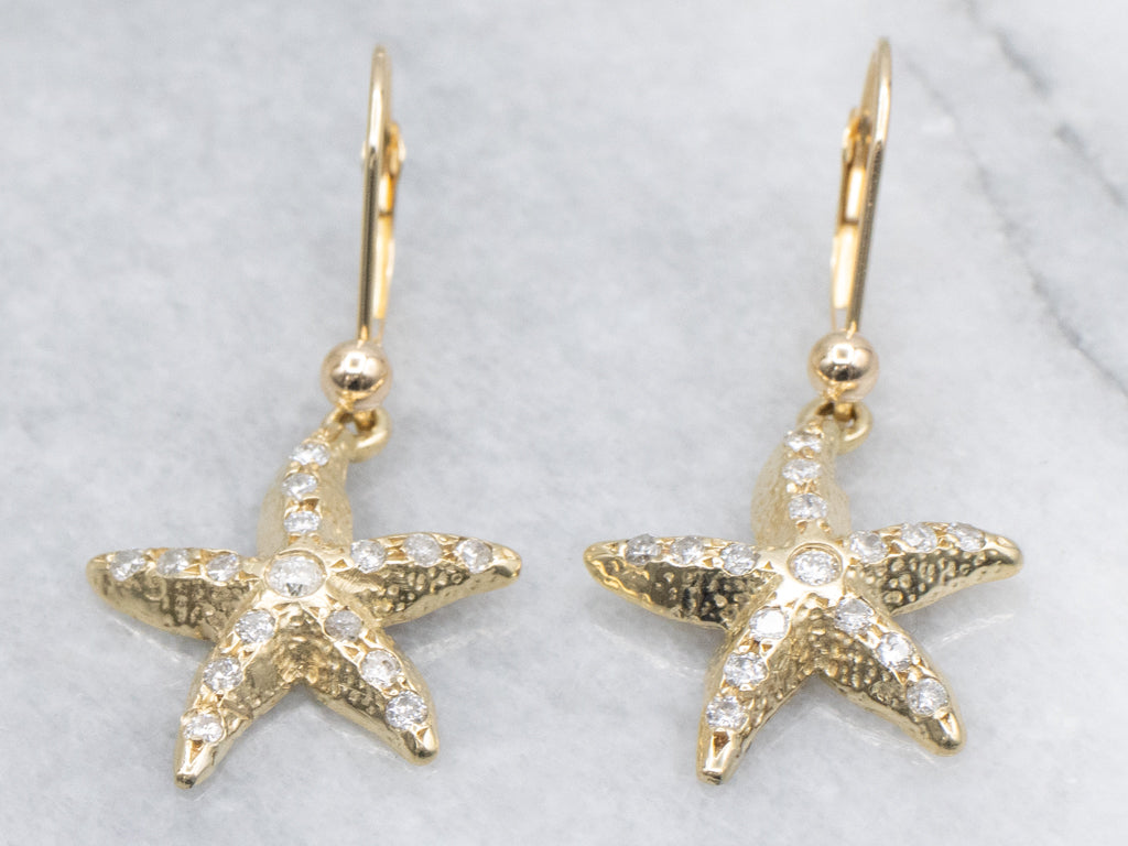 Yellow Gold Diamond Starfish Drop Earrings