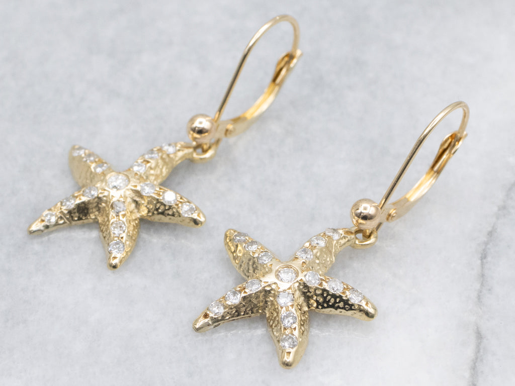 Yellow Gold Diamond Starfish Drop Earrings