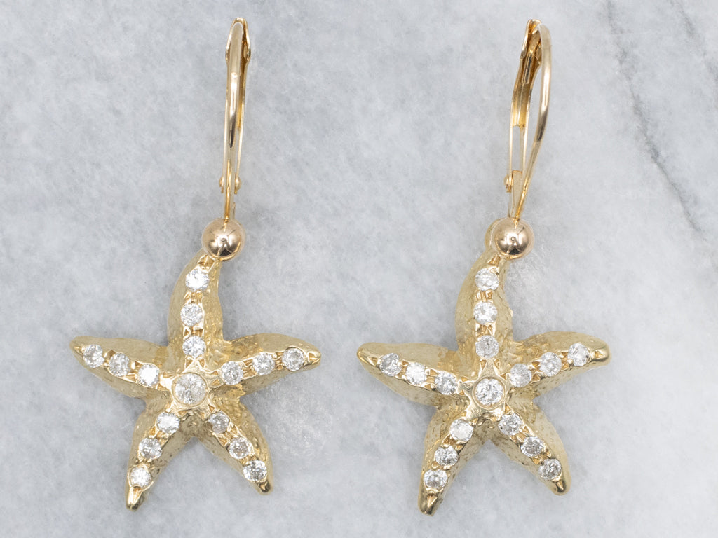 Yellow Gold Diamond Starfish Drop Earrings