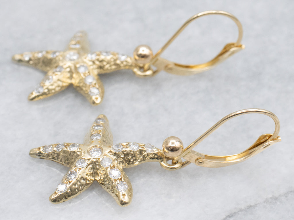 Yellow Gold Diamond Starfish Drop Earrings