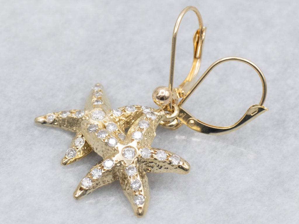 Yellow Gold Diamond Starfish Drop Earrings