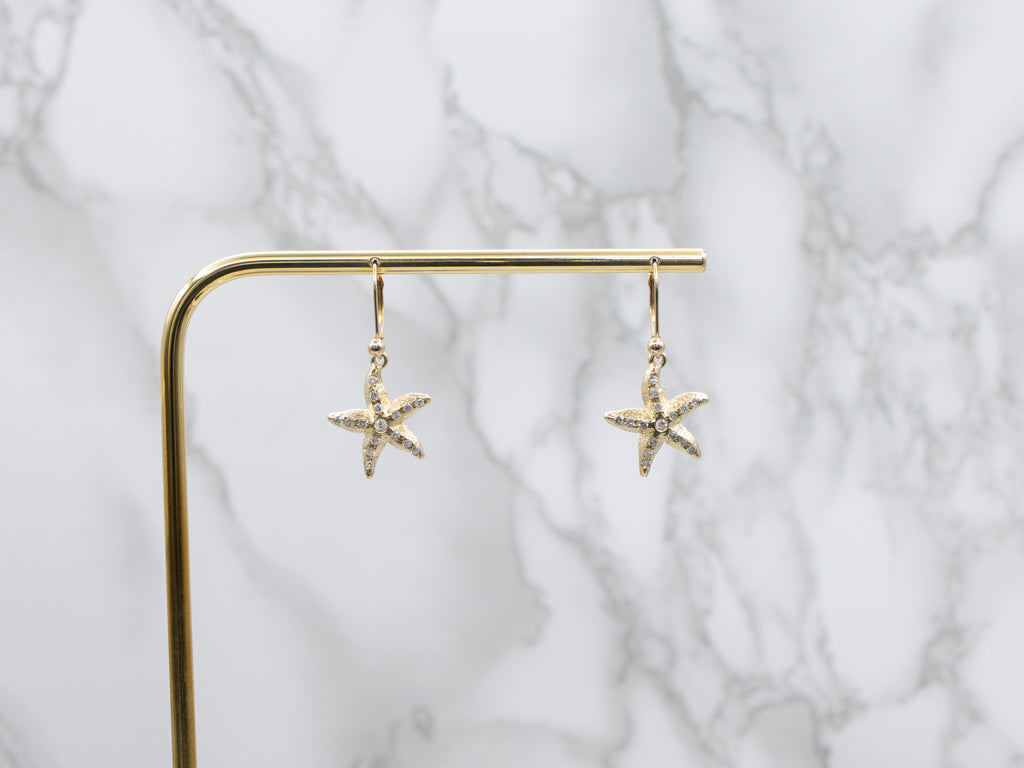 Yellow Gold Diamond Starfish Drop Earrings