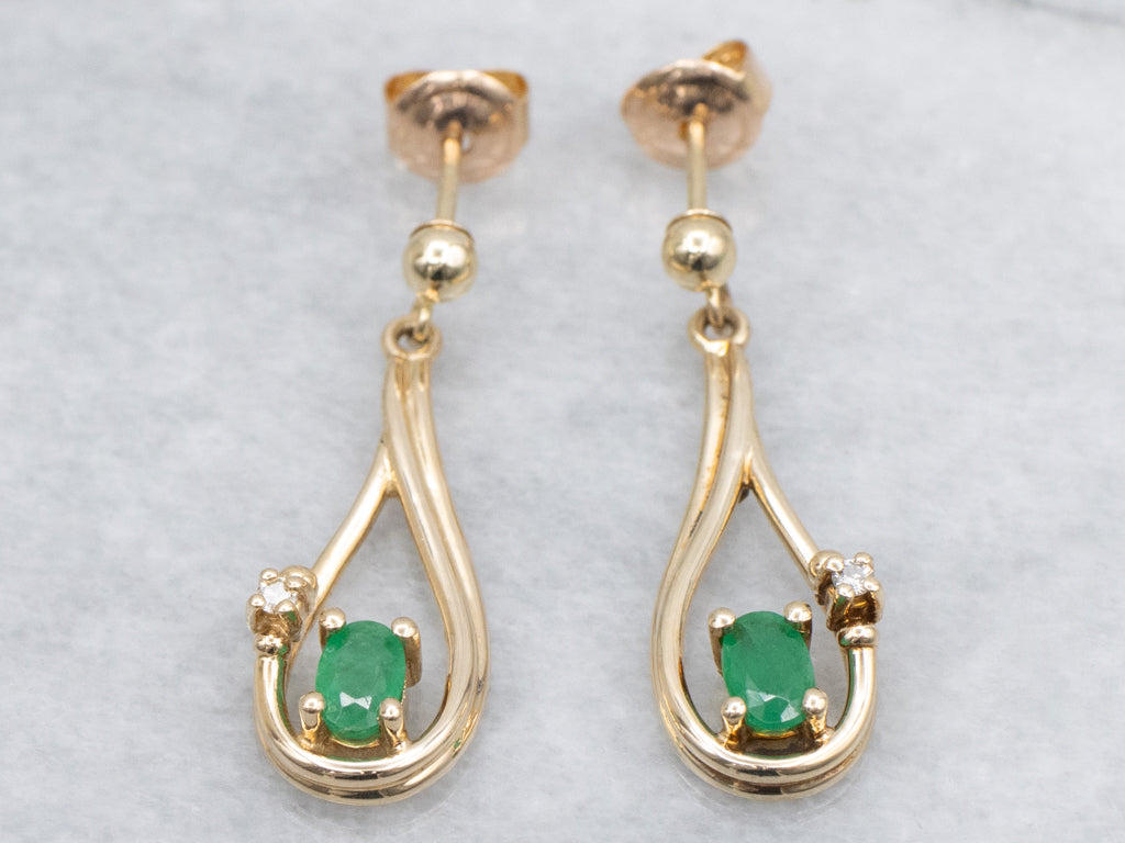 Teardrop Gold Emerald and Diamond Drop Earrings
