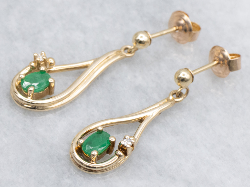 Teardrop Gold Emerald and Diamond Drop Earrings