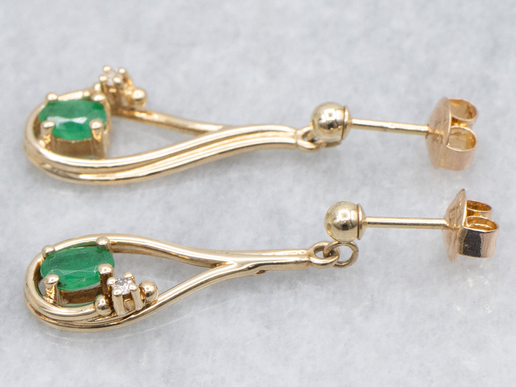 Teardrop Gold Emerald and Diamond Drop Earrings