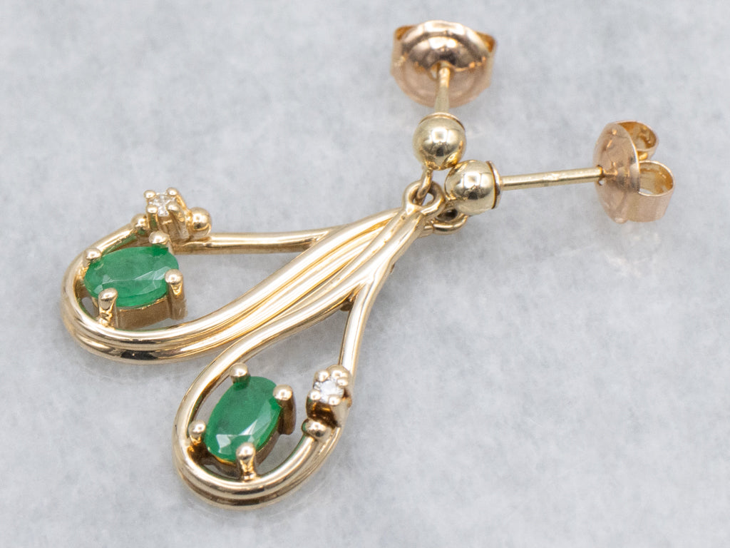 Teardrop Gold Emerald and Diamond Drop Earrings
