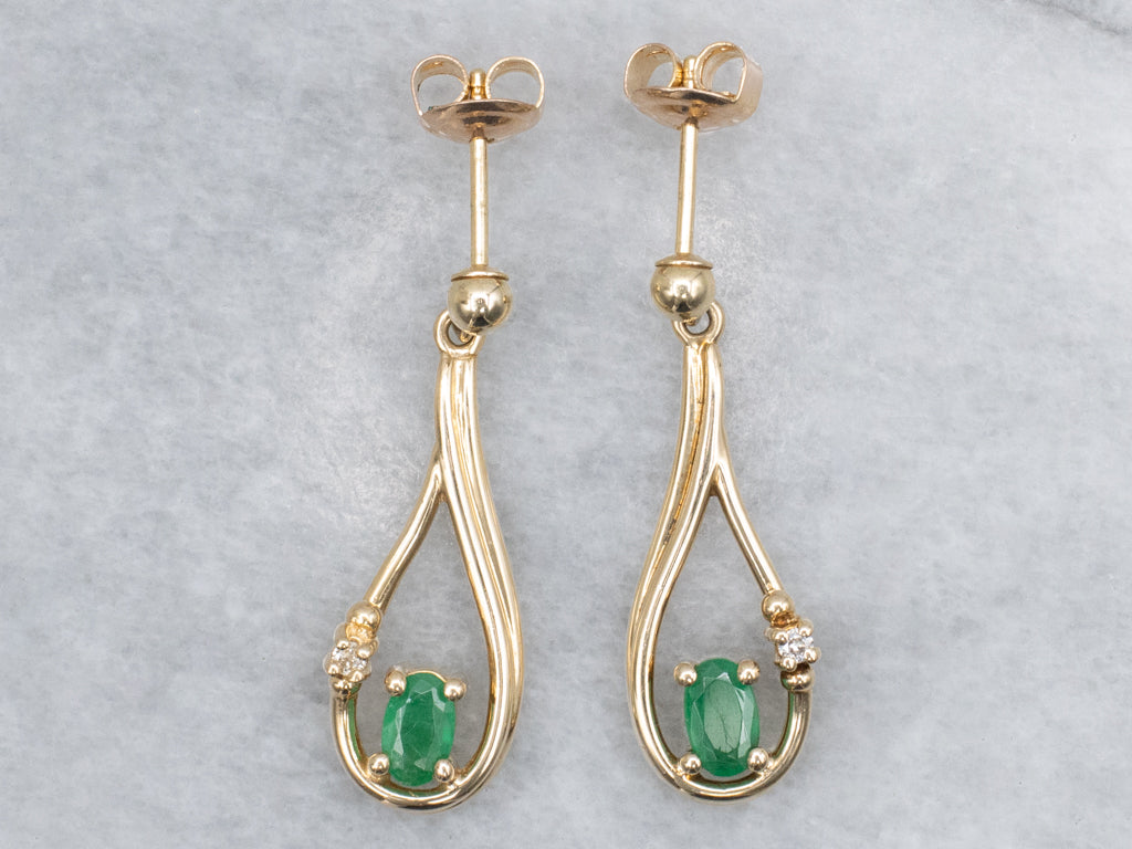 Teardrop Gold Emerald and Diamond Drop Earrings