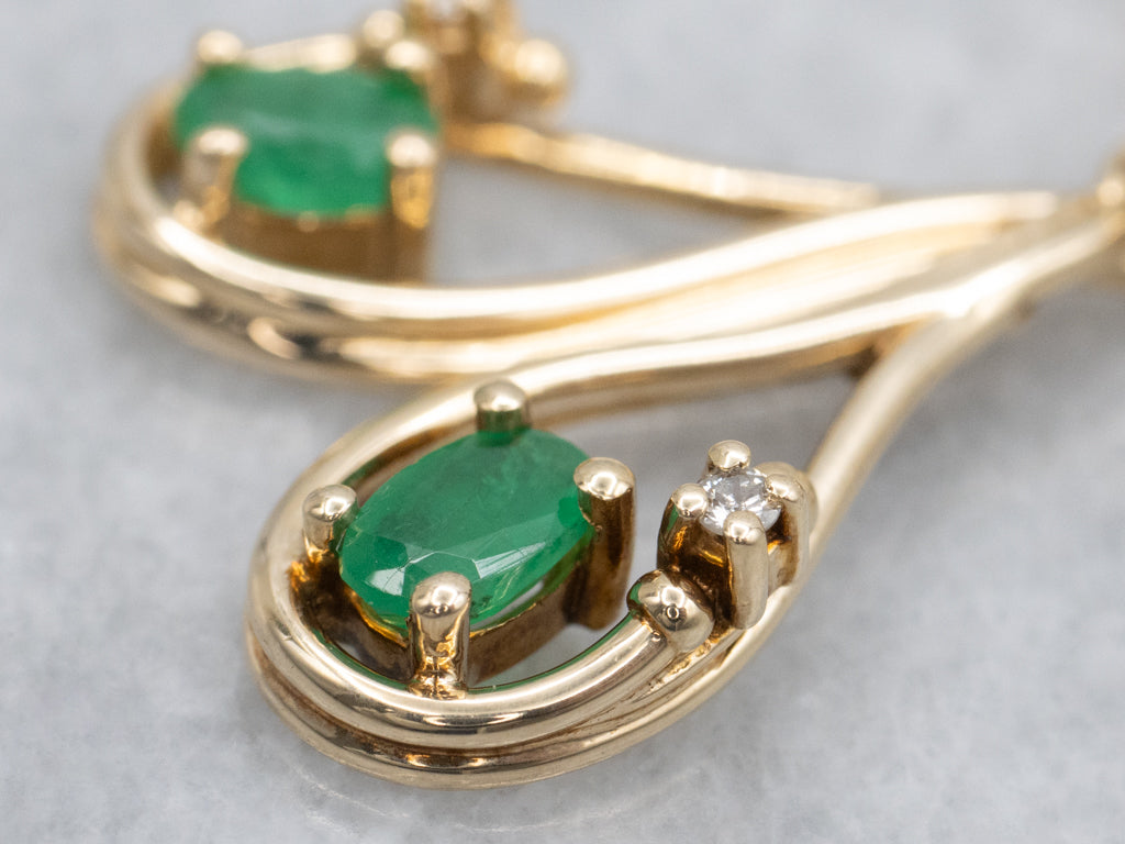 Teardrop Gold Emerald and Diamond Drop Earrings