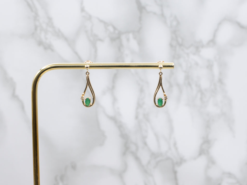 Teardrop Gold Emerald and Diamond Drop Earrings