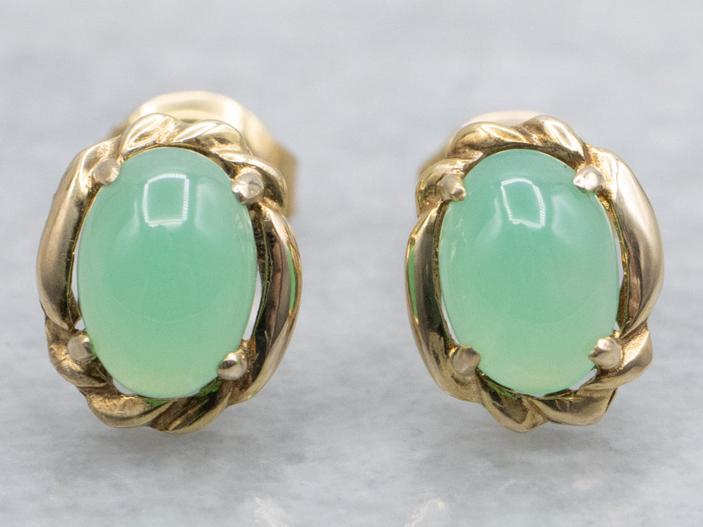 Vintage Twisting Gold Chrysoprase Stud Earrings