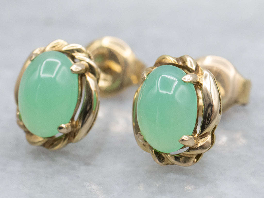 Vintage Twisting Gold Chrysoprase Stud Earrings