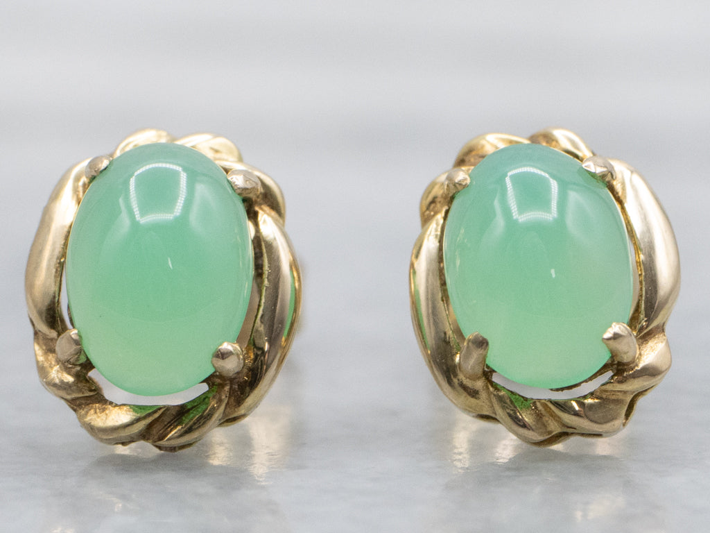 Vintage Twisting Gold Chrysoprase Stud Earrings