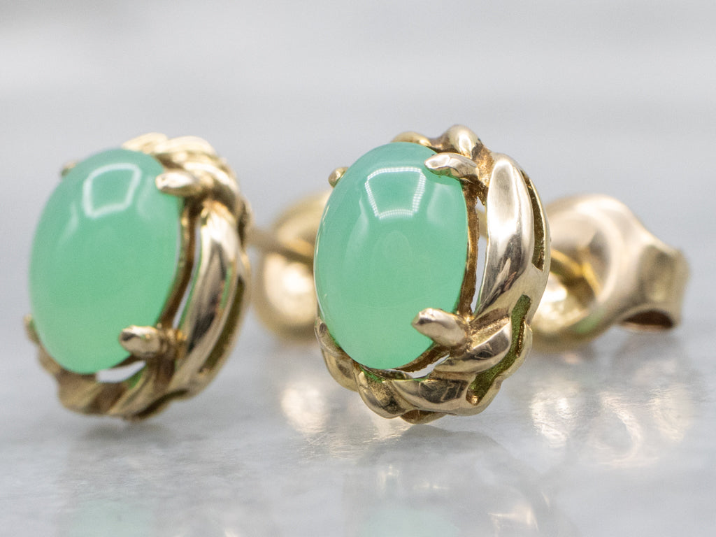 Vintage Twisting Gold Chrysoprase Stud Earrings