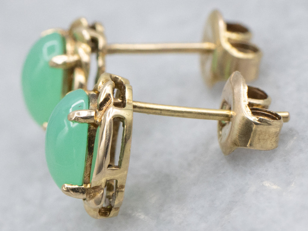Vintage Twisting Gold Chrysoprase Stud Earrings