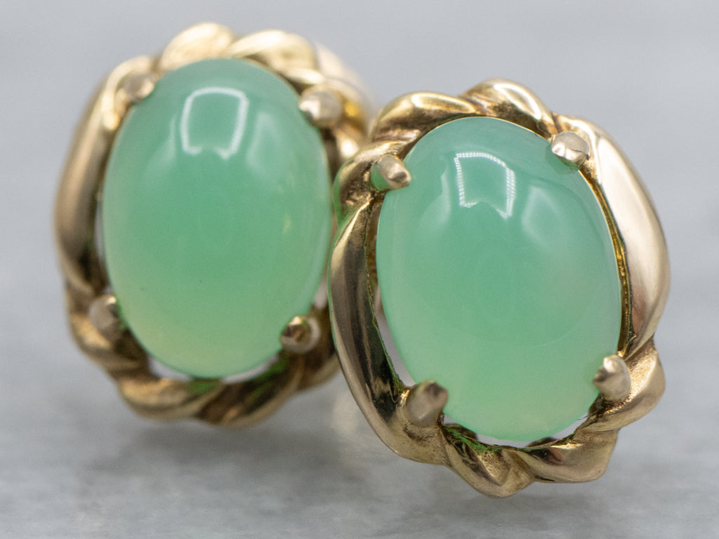 Vintage Twisting Gold Chrysoprase Stud Earrings