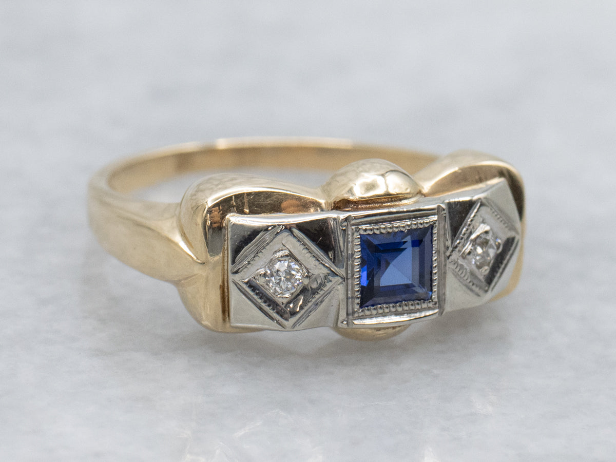 Synthetic Sapphire and Diamond Retro-Era Three Stone Ring