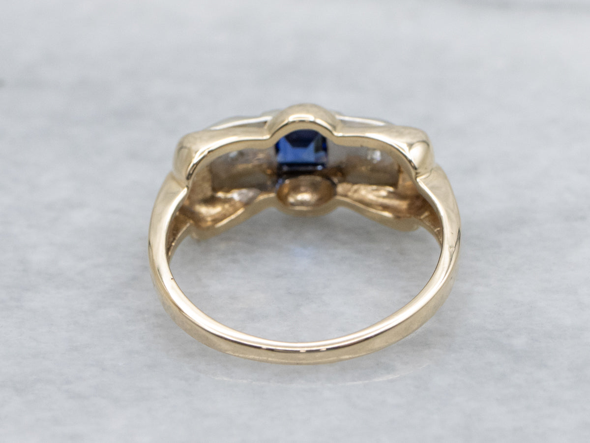 Synthetic Sapphire and Diamond Retro-Era Three Stone Ring