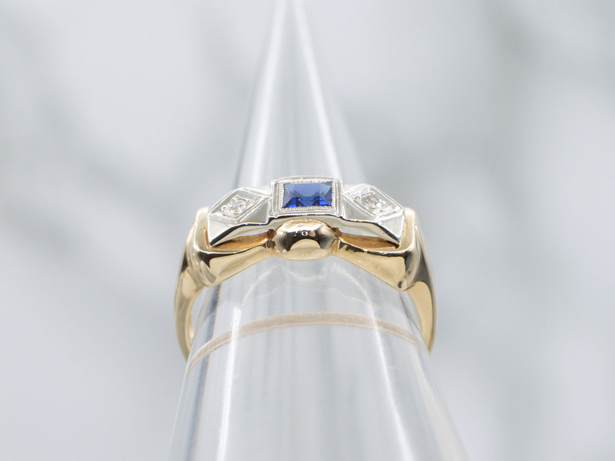 Synthetic Sapphire and Diamond Retro-Era Three Stone Ring