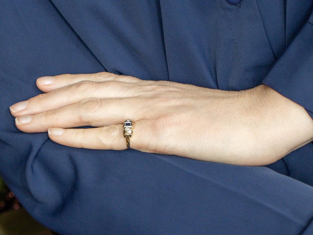Synthetic Sapphire and Diamond Retro-Era Three Stone Ring