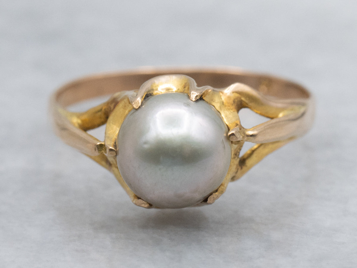 Antique Gold Buttercup Set Grey Pearl Solitaire Ring