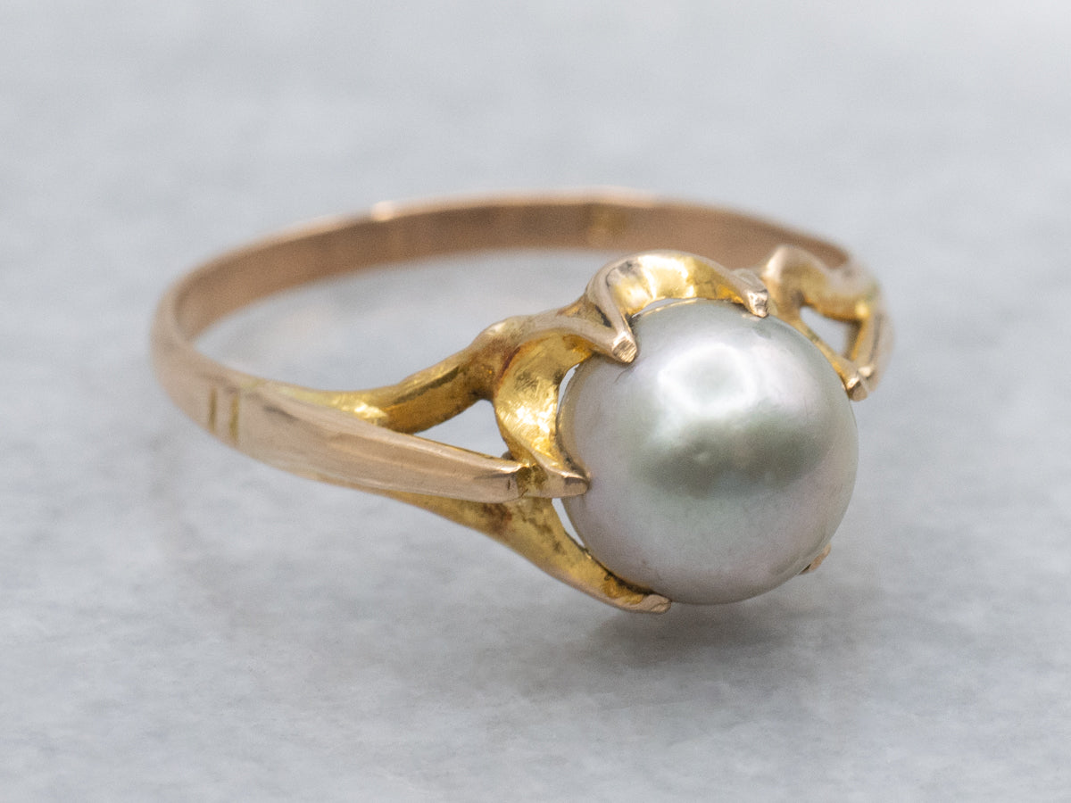 Antique Gold Buttercup Set Grey Pearl Solitaire Ring