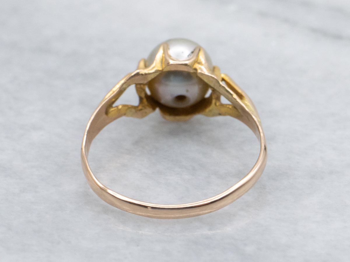 Antique Gold Buttercup Set Grey Pearl Solitaire Ring