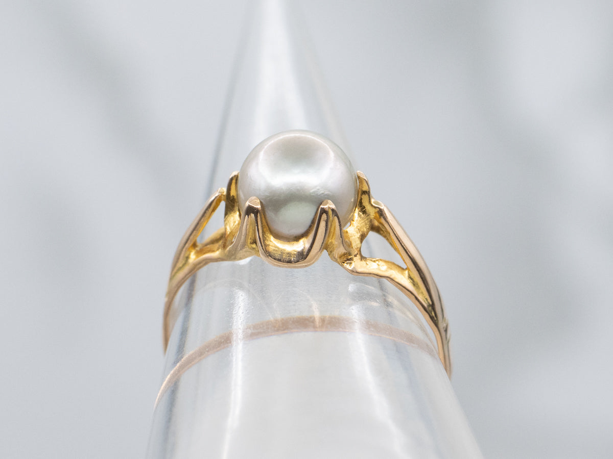 Antique Gold Buttercup Set Grey Pearl Solitaire Ring