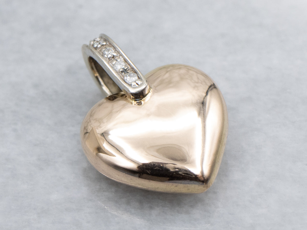 Italian Gold Puffy Heart Pendant with Diamond Bail