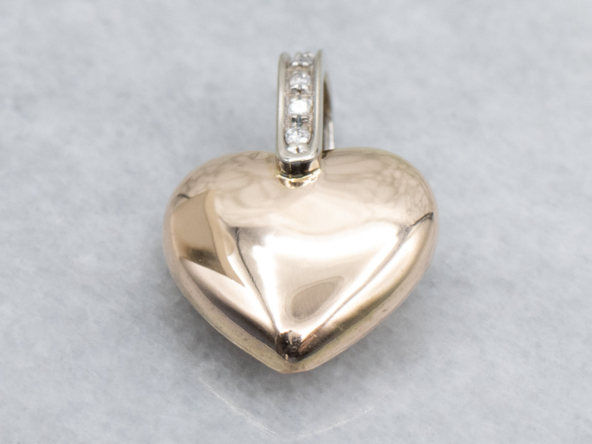 Italian Gold Puffy Heart Pendant with Diamond Bail