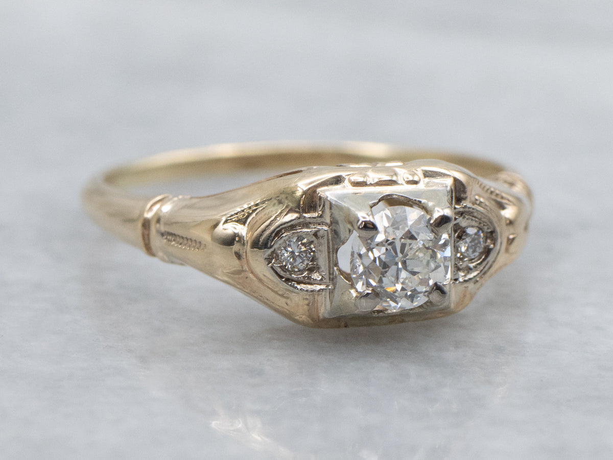 1930s Old European Cut Diamond Three Stone Engagement Ring