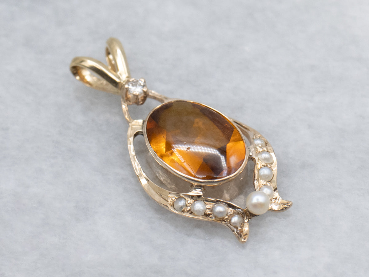 Antique Citrine Glass Cabochon Seed Pearl and Diamond Pendant