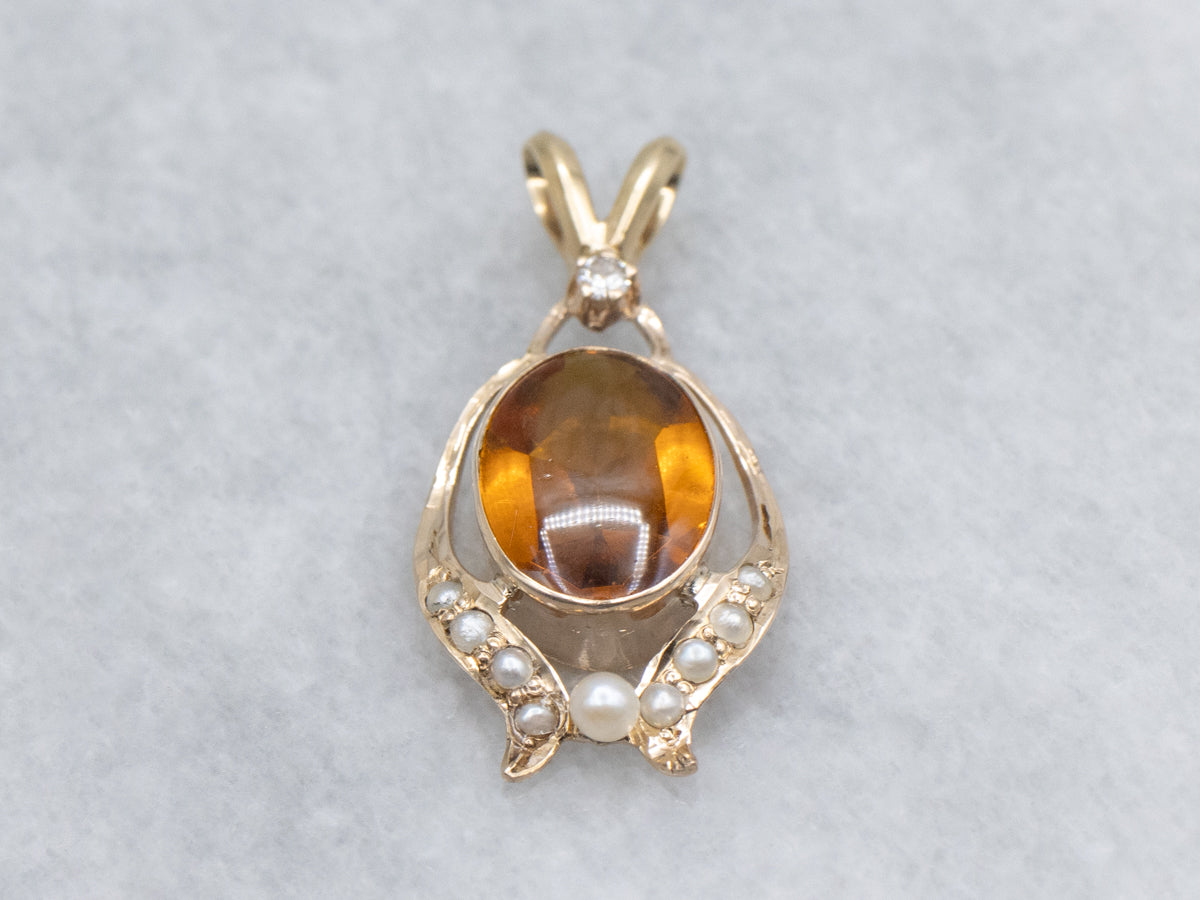 Antique Citrine Glass Cabochon Seed Pearl and Diamond Pendant