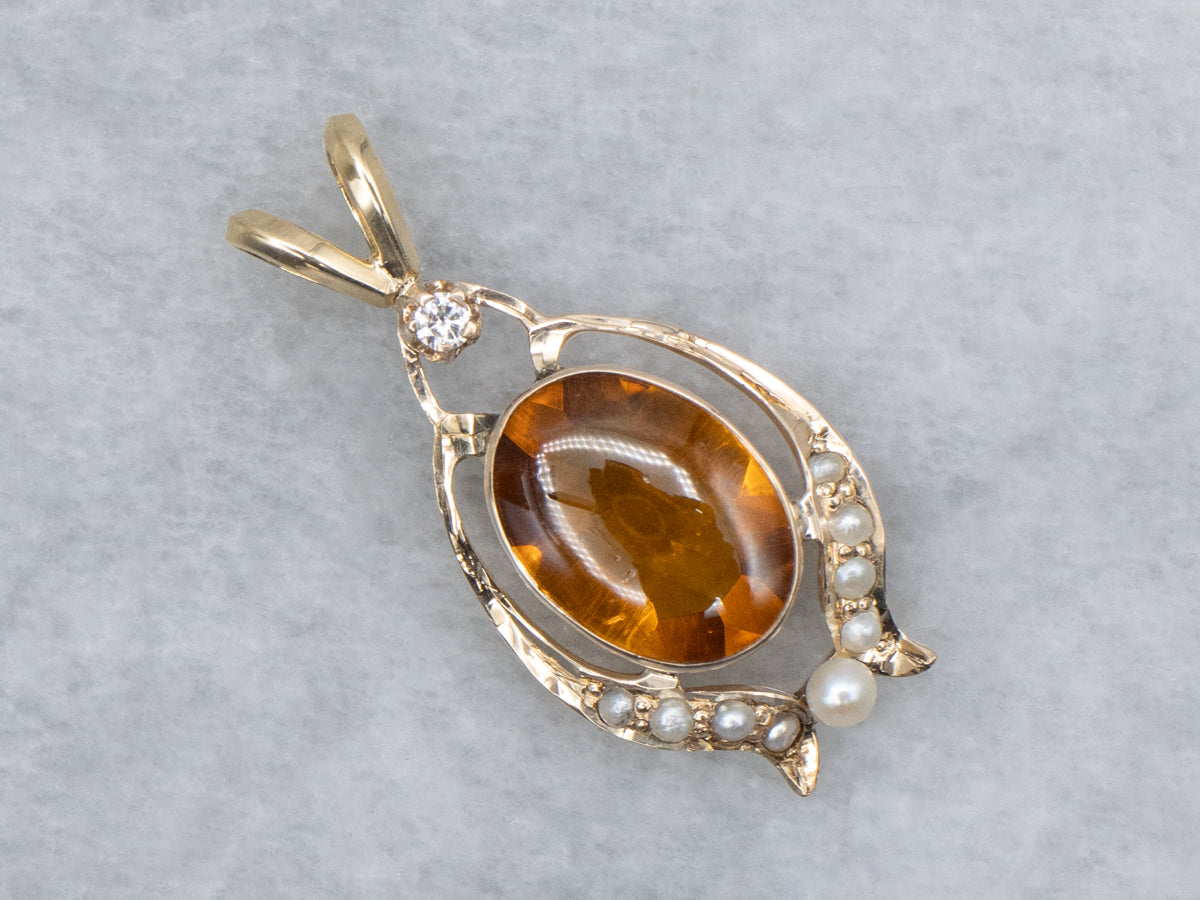 Antique Citrine Glass Cabochon Seed Pearl and Diamond Pendant