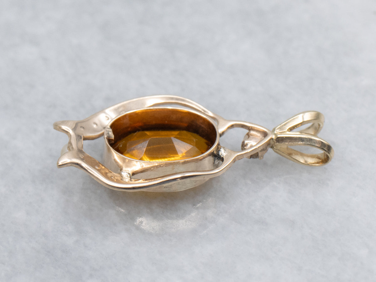 Antique Citrine Glass Cabochon Seed Pearl and Diamond Pendant