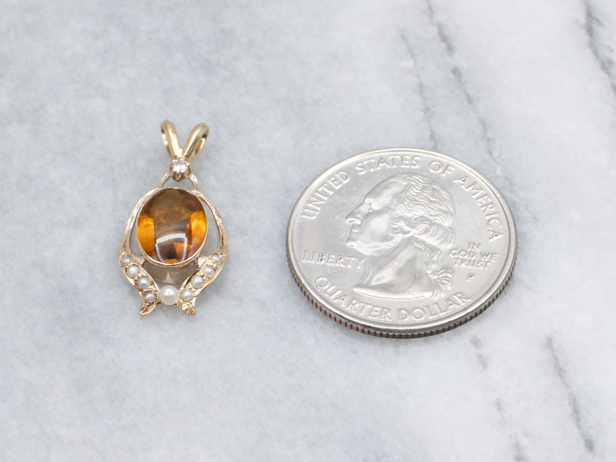 Antique Citrine Glass Cabochon Seed Pearl and Diamond Pendant